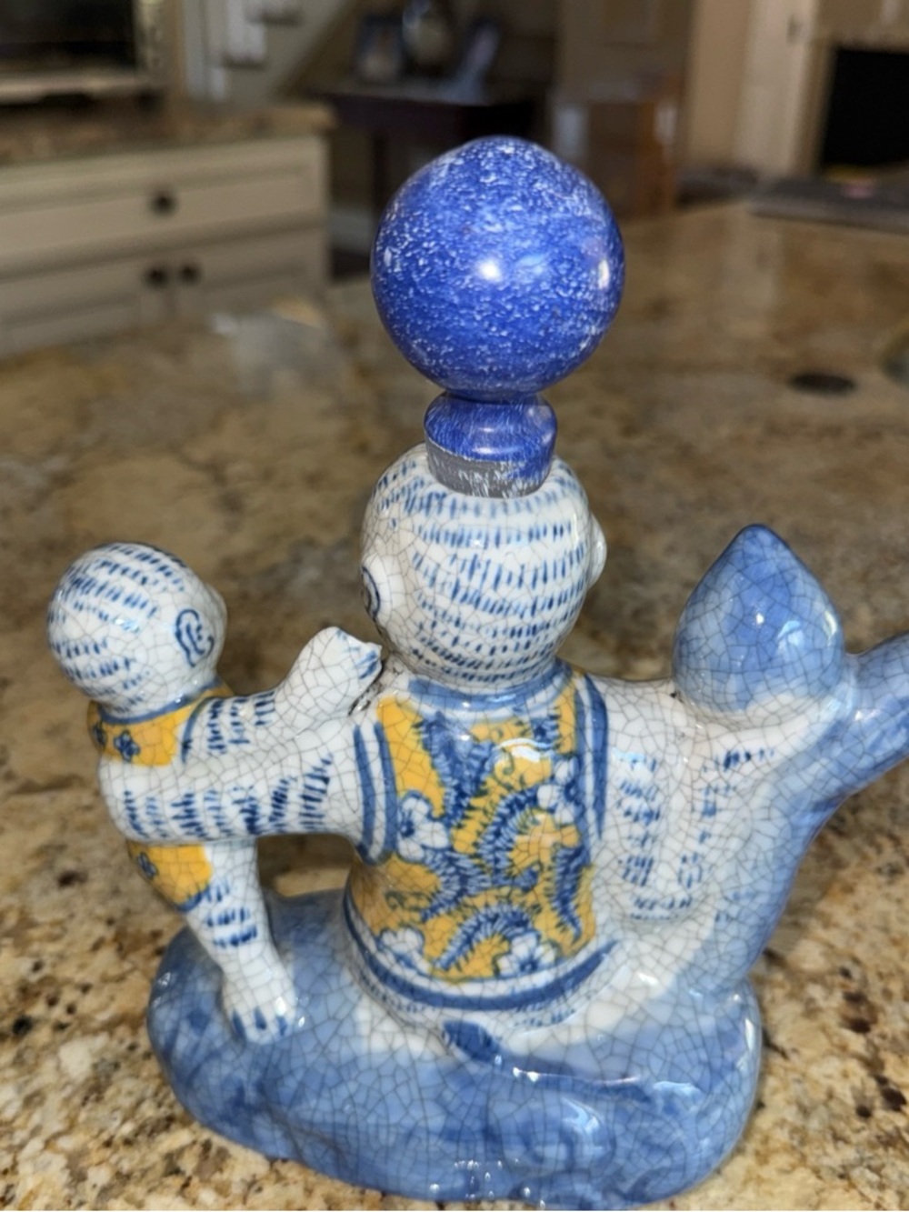 Vintage Chinosieri Blue and Yellow Ceramic Monkey Tea Pot/Saki - Picture 2 of 6